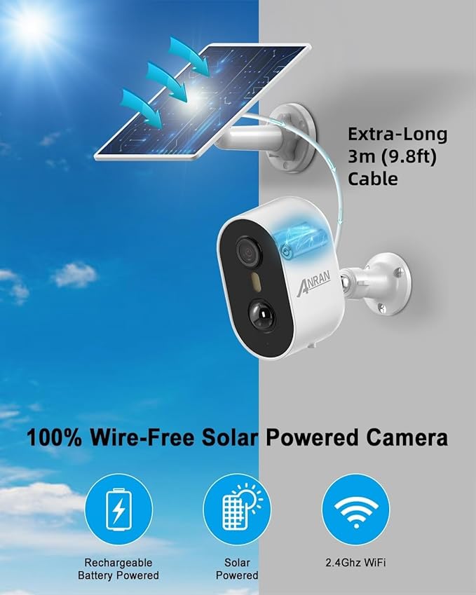 ANRAN 3MP Solar Security Cameras Wireless Outdoor for Home Security, 2K Color Night Vision WiFi Surveillance Home Camera with Solar Panel, Spotlight, PIR Detection, 2-Way Talk, Compatible with Alexa