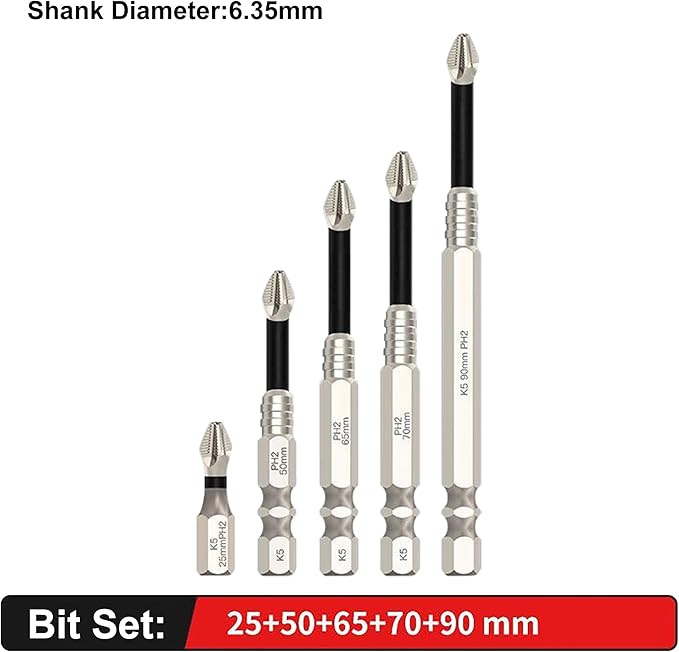 HUHAO 5Pcs High Magnetic Screwdriver Drill Bit Set, K5 Impact-Resistant and Nonslip Bit, Anti Slip Screwdriver Bits for Dry Wall, Sheetrock, Electric Drills - High Magnetic Strength & High Hardnes