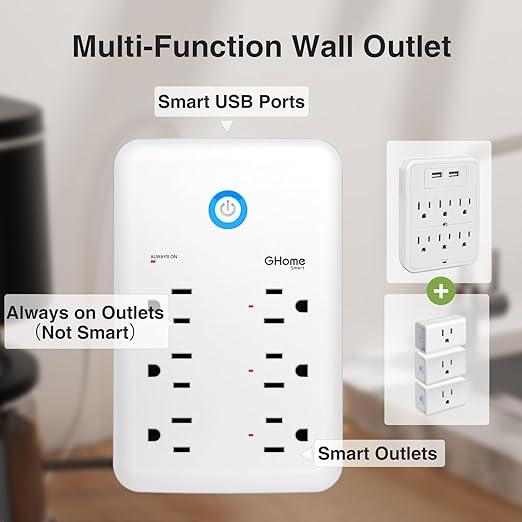 GHome Smart Plug Outlet Extender, Surge Protector with 3 Individually Controlled Smart Power Strips and 3 USB Ports, Works with Alexa & Google Home, 15A/1800W, White