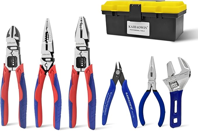 KAIHAOWIN 6-Piece Tool Set with Case, 8.8” Long Nose, 8.8” Linesman, 8” Diagonal, 6“ Adjustable Wrench, 5” Needle Nose, 5" Flush Cutter for Repairing & Home Use