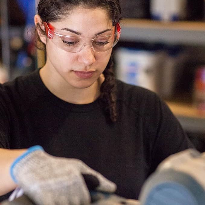 BISON LIFE Clear Lens Color Temple Safety Glasses | One Size, Adult, Youth, Clear Protective Polycarbonate Lens Color Temple, Red, 24 PAIRS