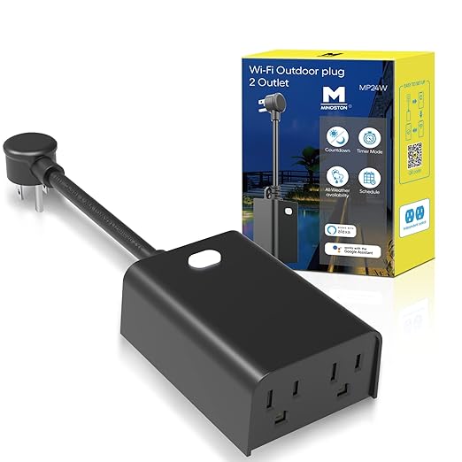 Minoston Outdoor Smart Plug Wi-Fi Plugs Outlet with 2 Individual Control Sockets, Weather-Resistance, Work with Alexa, Google Assistant, 125V, 2.4 GHz Wireless Frequency, No Hub Required (MP24W)