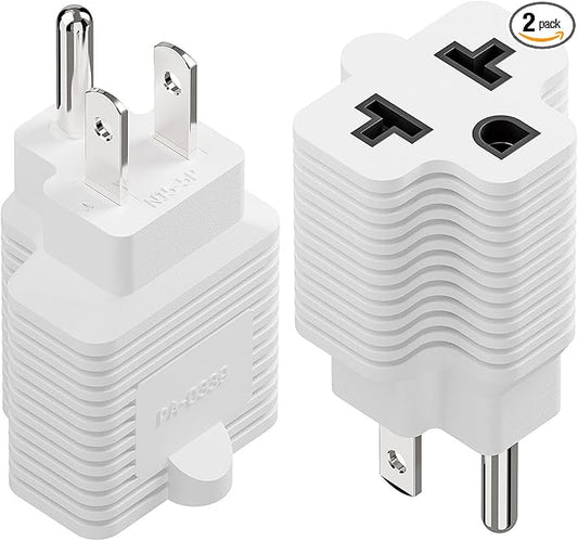 [4-in-1] 15 Amp Household AC Plug to 20 Amp T Blade Adapter, 5-15P to 5-15R, 5-20R, 6-15R, 6-20R, 4 in 1 AC Power Adapter,15A 125V to 20A 250V Plug, White, 2 Pack