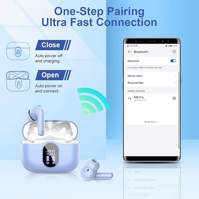 Wireless Earbuds, Bluetooth 5.4 Headphones Bass with Noise Cancelling Mic, Stereo Ear Buds, in Ear Earphones LED Display, IP7 Waterproof, 36H Playtime for Laptop Phones Sports Workout, Sky Blue