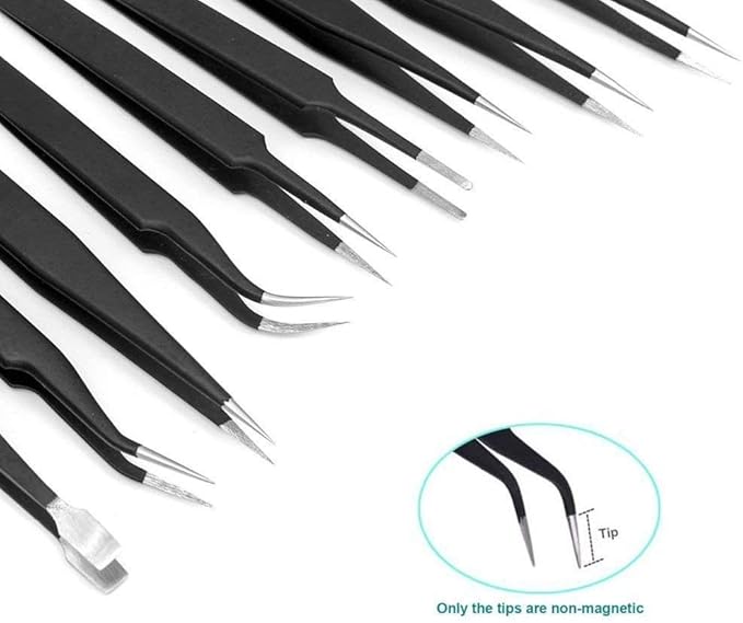 Tweezers Precision Set,Easily Life 10pcs ESD Tweezers Set, Anti Static Stainless Steel Anti Magnetic Tweezers Set with Storage Bag for Craft,Electronics Repair,jewelry repair,Laboratory Work,etc