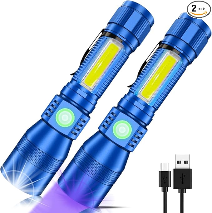 UV Flashlight Black Light, 2-Pack USB Rechargeable Blacklight Flashlight with Magnetic - Side Work Light, 7 Modes, Zoomable, Waterproof – LED Torch for Mechanics Pet Urine Stains Detector,Blue