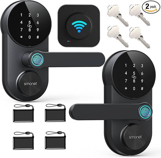 Keyless Entry Door Lock with Handle: SMONET WiFi Smart Locks for Front Door Keypad Lever with Fingerprint App Remote Control 2-Pack,Black