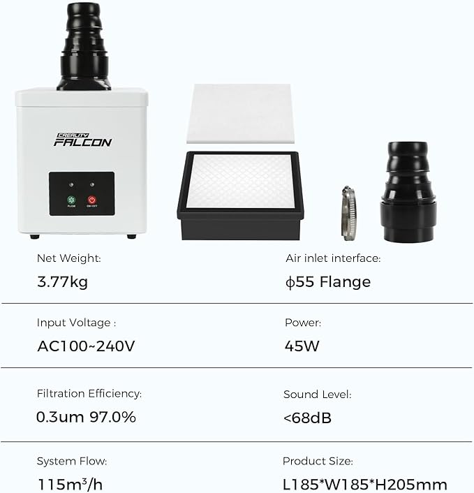 Creality Falcon Smoke Purifier, 2 Layer Filtration, 99.97% Purification Rate, Low Noise＜68dB, 3 Level Speeds Adjustable, 115m³/h, 45W Desktop Air Purifier for A1 Laser Engraver