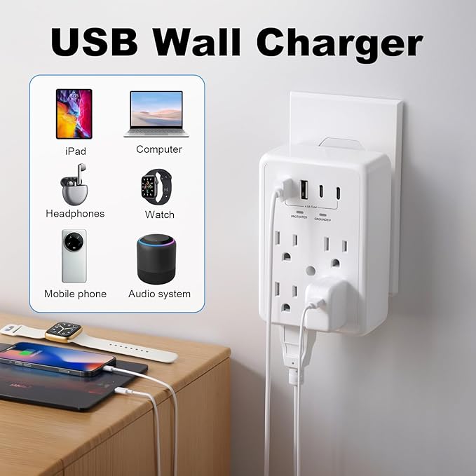Multi Plug Outlet Extender Surge Protector Adapter, 6 Outlet with 4 USB Ports (2 USB C) 980J Power Strip Wall Charger Spaced for Travel Home Office, Dorm Room, White
