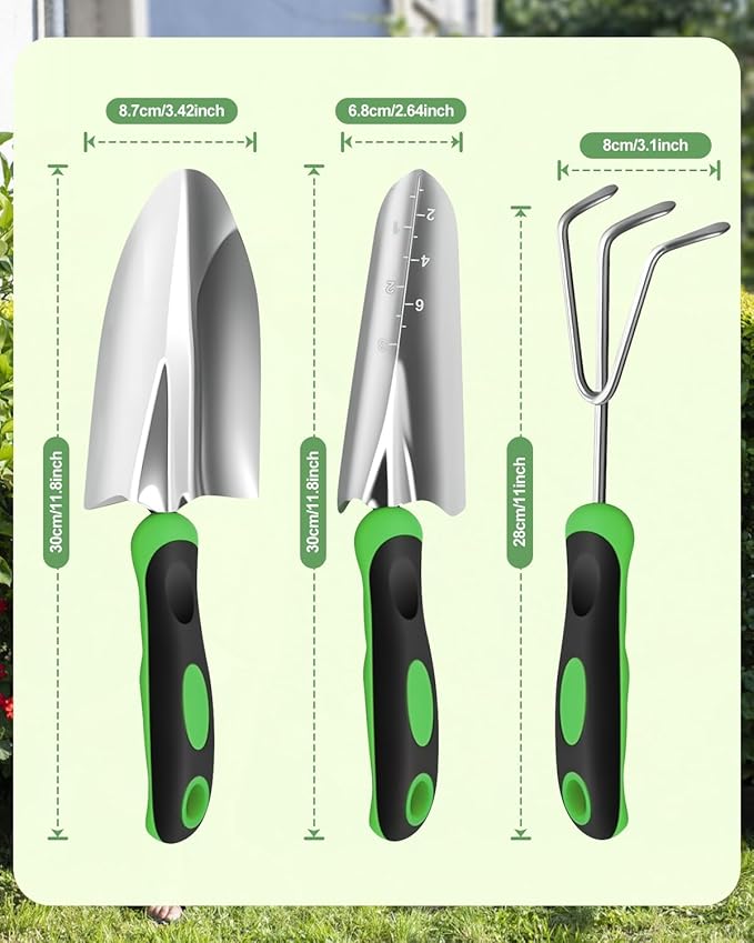 Garden Tools Set, 3 in 1 Heavy Duty Garden Tools Kit, Stainless Steel Ergonomic Gardening Hand Tool, Gardening Supplies Gift for Women, Kid, Organizer, Father's Day
