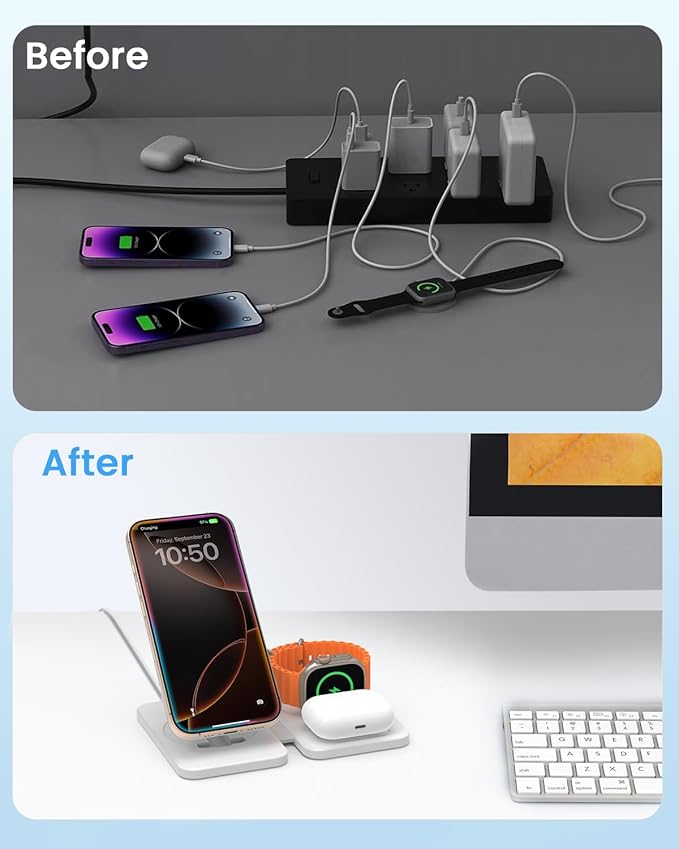 Wireless Charging Station for Mag-Safe Charger: JoyGeek Fast Wireless Charger Pad for iPhone 16/15/14/13/12 Series -Travel Stand for Apple Watch 10-2 - Air-Pods 4/3/2/Pro