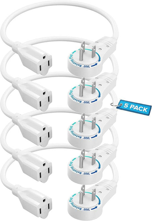 Maximm Extension Cord 0.5 Foot White Flat Plug, 360° Rotating Short Power Cord Single Outlet, Indoor 16 Gauge 3 Prong Grounded Wire UL Certified (6-inch, White)