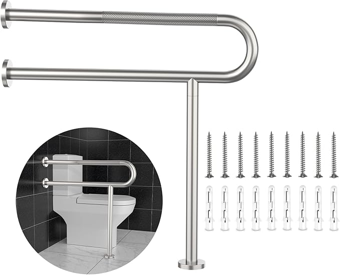 Toilet Grab Bar 31.3 Inch, YuanDe Wall to Floor Brushed Nickel Bathroom Safety Bar w/Anti-Slip Knurled Grip, Stainless Steel Handicap Grab Bar with Leg,Support Bar for Disabled Elderly Pregnant