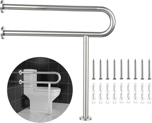 Toilet Grab Bar 31.3 Inch, YuanDe Wall to Floor Brushed Nickel Bathroom Safety Bar w/Anti-Slip Knurled Grip, Stainless Steel Handicap Grab Bar with Leg,Support Bar for Disabled Elderly Pregnant