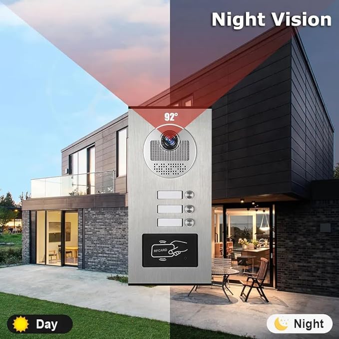 Wired Video Apartment Intercom System,6 Units 7 inch Monitor Video Door Phone Kit,Indoor Outdoor Video Doorbell, ID Card Unlock, 2 Way Audio, 6-Screen for Home Apartment (1 Doorbell+3 Monitor)