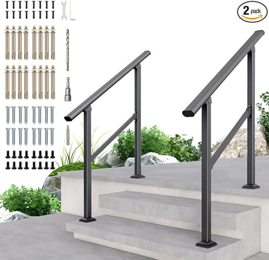 DIYHD 3 Step Handrail for Outdoor,Powder Coated Iron Stair Railing,Black Hand Rails for Indoor, Porch,Deck,2 Pack