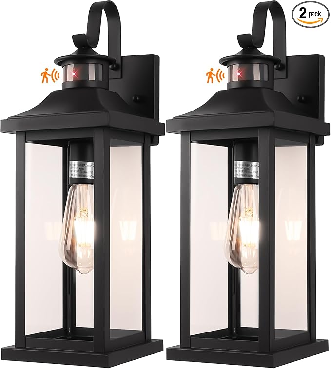 18 Inch Motion Sensor Outdoor Lights 2-Pack, Large Black Dusk to Dawn Outdoor Porch Lights for House IP65 Waterproof Exterior Lighting Fixtures for Front Door Garage Lantern Sconces