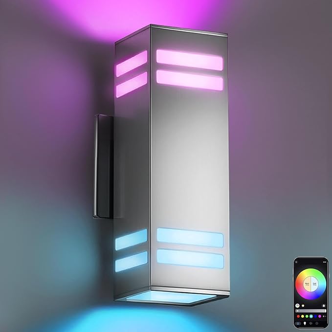 SHIMR Smart Outdoor Wall Light, RGBCW Color Changing WiFi & Bluetooth LED Sconce, Stainless Steel, Dusk to Dawn Sensor, Waterproof Exterior Lighting Fixture with E26 Base, Work with Alexa & Google