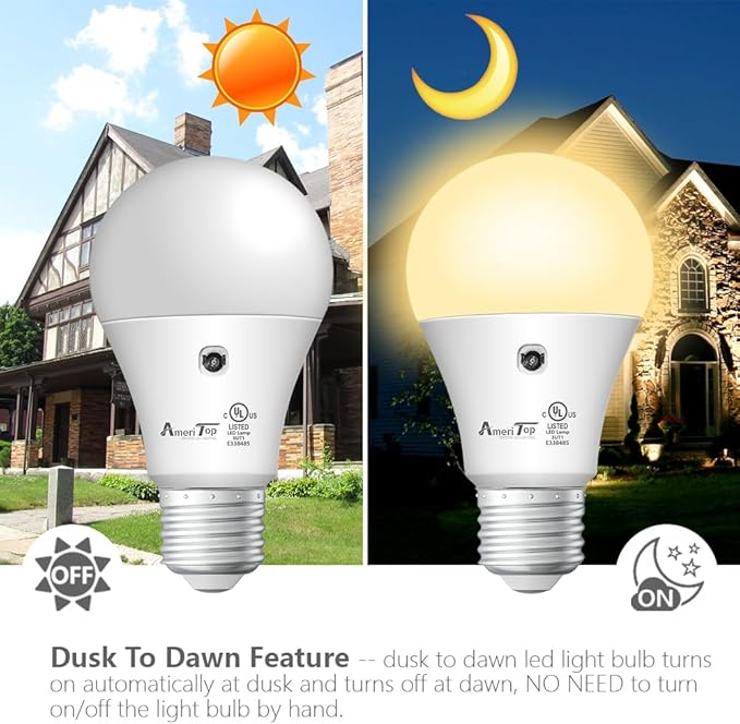 AmeriTop Dusk to Dawn Light Bulb- 4 Pack, A19 LED Sensor Light Bulbs; UL Listed, Automatic On/Off, 800 Lumen, 10W(60 Watt Equivalent), E26 Base, Indoor/Outdoor Lighting Bulb (3000K Warm White)