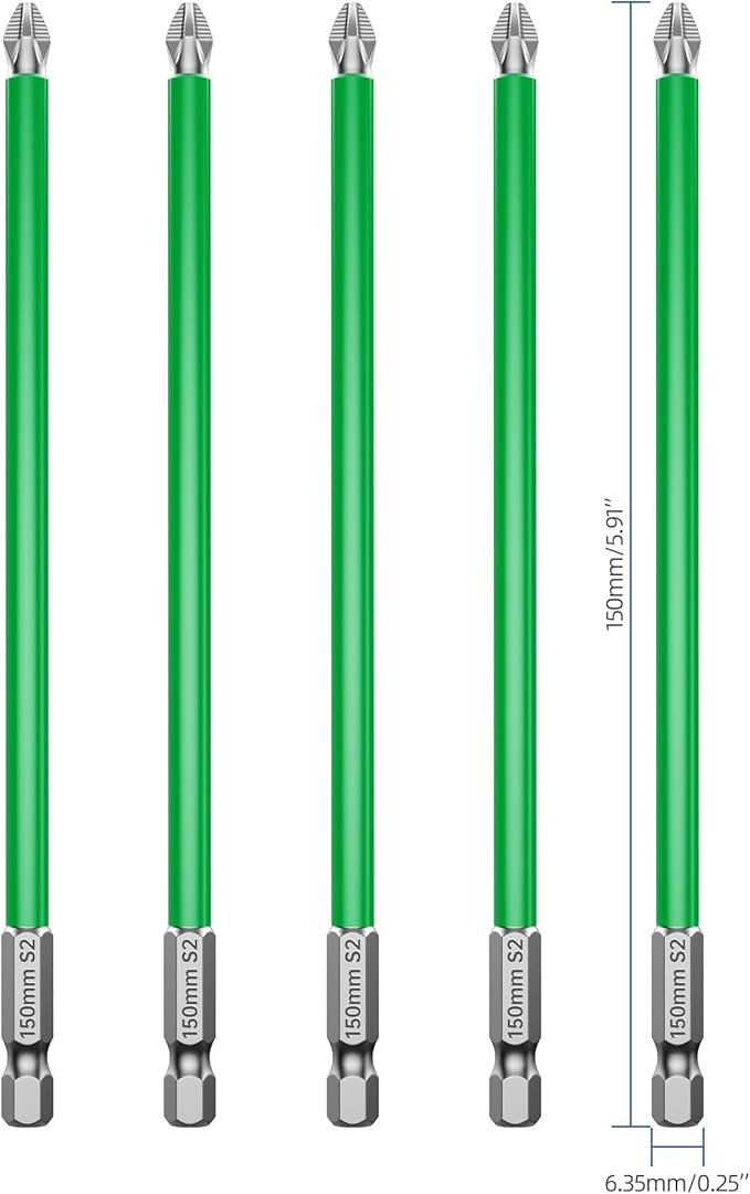 HUHAO 5Pcs High Magnetic Screwdriver Bit Set,S2 Alloy Steel Anti-Slip Drill Bit,1/4 Inch Hex Shank,Phillips Impact Screwdriver Bits Sets Waterproof Impact Batch Head for Electric Hand Tool,150mm