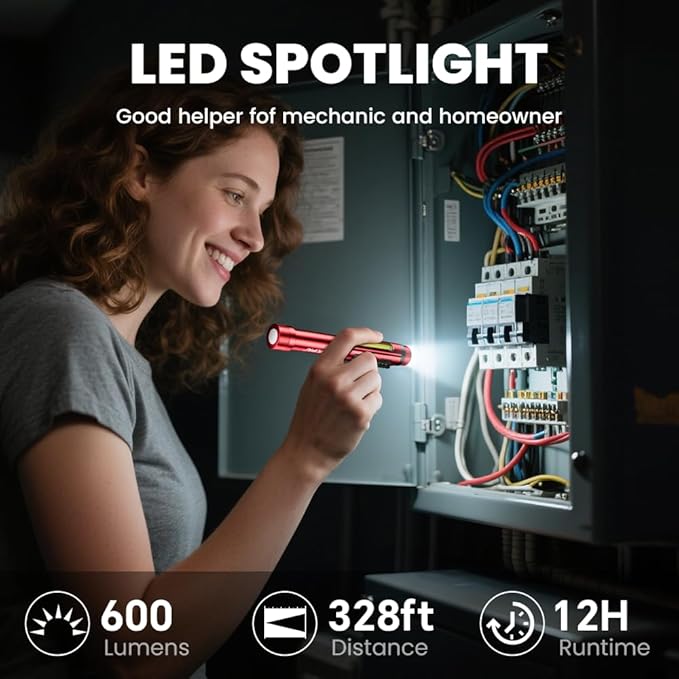 Magnetic Rechargeable Pen Light - 600 Lumen Dimmable EDC Flashlight, IPX4 Waterproof Work Light with Clip & COB LED for Mechanics, Nurses, Emergency (Red)