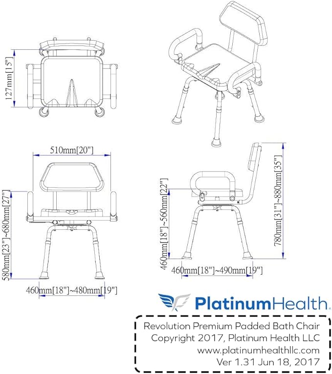 Platinum Health Revolution Pivoting Shower Chair for Bathtub, Adjustable Swivel Seat with Padded Back and Arms, Adjustable Space Saving Design for Tubs, Shower, for Elderly, Handicap & Seniors, Gray