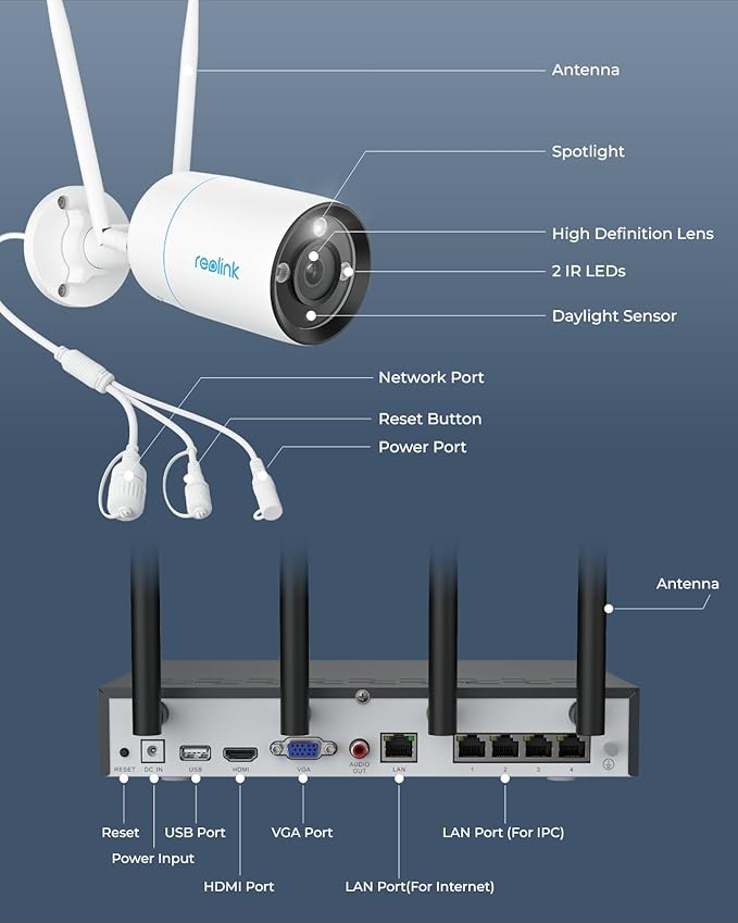 REOLINK 4K Security Camera System, 4pcs Outdoor 4K/8MP Plug-in WiFi 6 Cameras, Full Metal Material, Color Night Vision, Person/Vehicle/Animal Detection, 16CH WiFi NVR with 2TB HDD, RLK12-800WB4