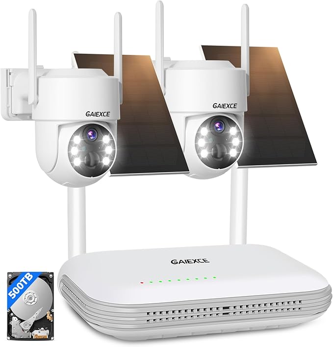 Wireless Solar Camera System Outdoor, 2PCS 4MP Home Battery Camera with 500GB HDD, 【No Monthly Fee】, Pan Tilt 360° View, PIR Motion Detection, Color Night Vision, IP66, 2-Way Audio