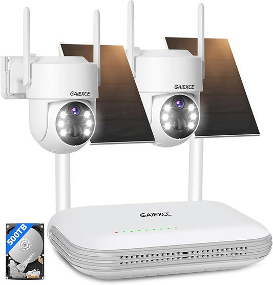 Wireless Solar Camera System Outdoor, 2PCS 4MP Home Battery Camera with 500GB HDD, 【No Monthly Fee】, Pan Tilt 360° View, PIR Motion Detection, Color Night Vision, IP66, 2-Way Audio
