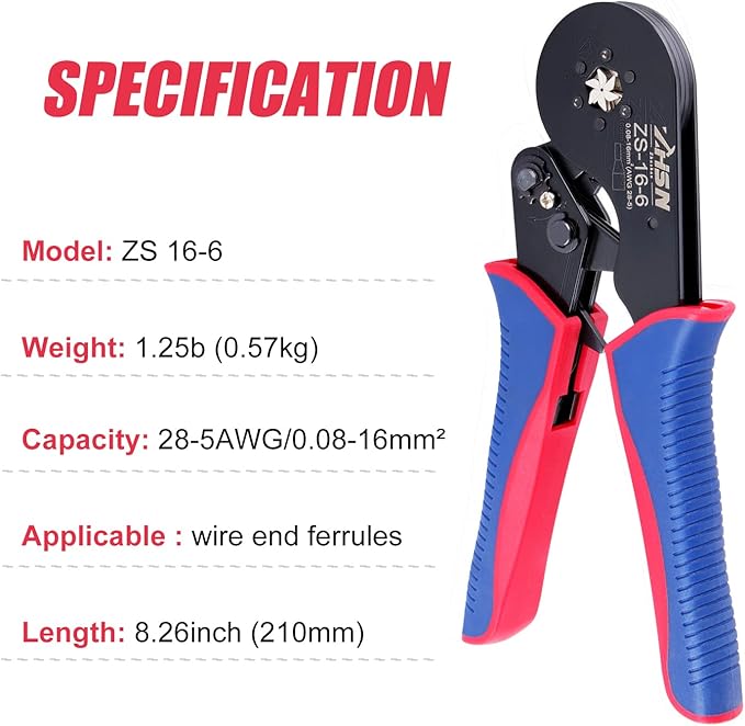 Zhushan Wire Ferrule Crimping Tool - 16-6 Square Jaw Crimping Pliers - Self-Adjustable Ratchet for AWG 28-5 (0.08-16mm²) - Ideal for Wire Terminals, Cables, and End-sleeves