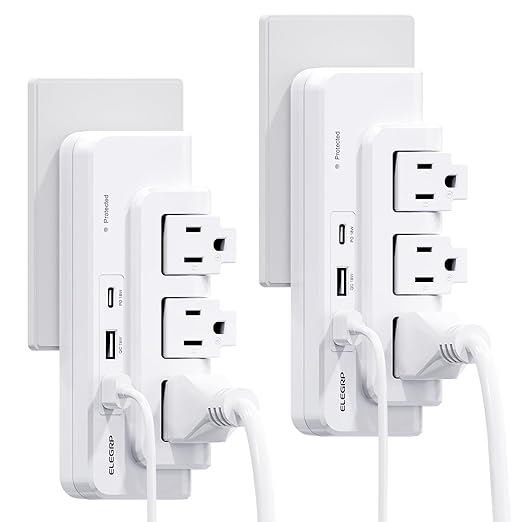 ELEGRP Outlet Extender with 3 Rotating Surge Protector Outlets, Multi Plug Outlet Adapter With 3 USB Ports, Power Strip with Spaced Outlet Splitter for Home, Office, Travel, ETL Listed, White, 2 Pack