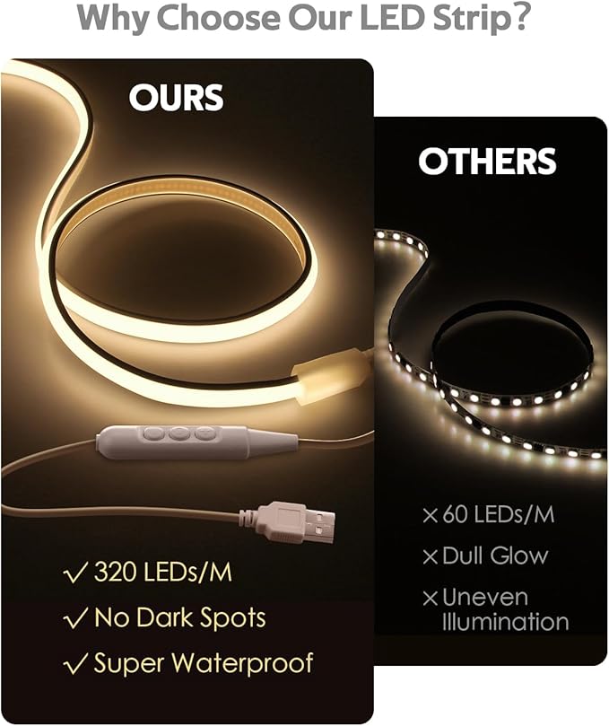 COB LED Strip Light 5V USB Powered 3.3FT/1M Dimmable LED Tape Light Warm White 3000K with Dimmer 320LEDs/M Flexible LED Rope Light Waterproof IP67 for Bedroom Cabinet DIY Indoor Decoration