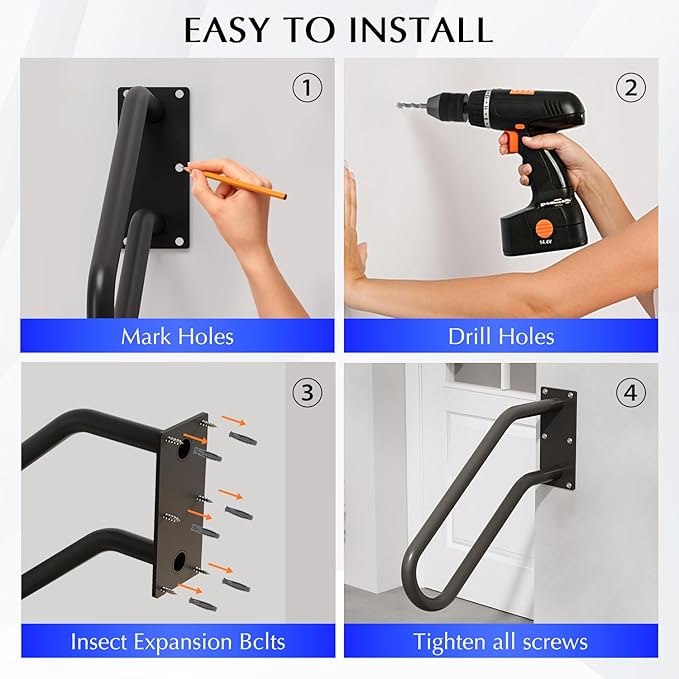 Hand Rails for Outdoor 1-2 Steps, Indoor Stairs, Bathroom, Wall Mount Non-Slip U-Shape Stair Hand Railing Black 2 Packs