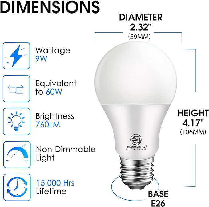 E ENERGETIC LIGHTING Light Bulbs 60 Watt Equivalent Soft White, 9W 760LM, 15000 Hrs E26 Base, A19 2700K Light Bulbs, UL Listed, Non-Dimmable, 24-Pack
