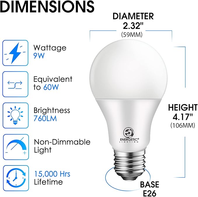 E ENERGETIC LIGHTING Light Bulbs 60 Watt Equivalent, A19 Cool White LED Light Bulbs, 15000 Hrs E26 Base, 9W 760LM 4000K Light Bulb, UL Listed, Non-Dimmable, 24-Pack