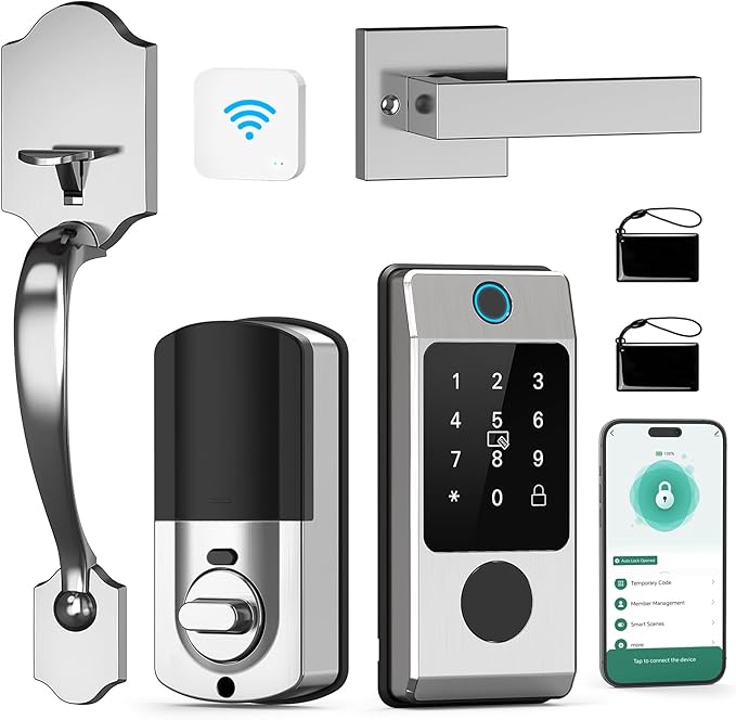 WiFi Front Door Lock Set - Miuedo Keyless Entry with Handle Keypad, Smart Deadbolt, Fingerprint, Auto Lock, Code, Fob, Remote Control - Silver