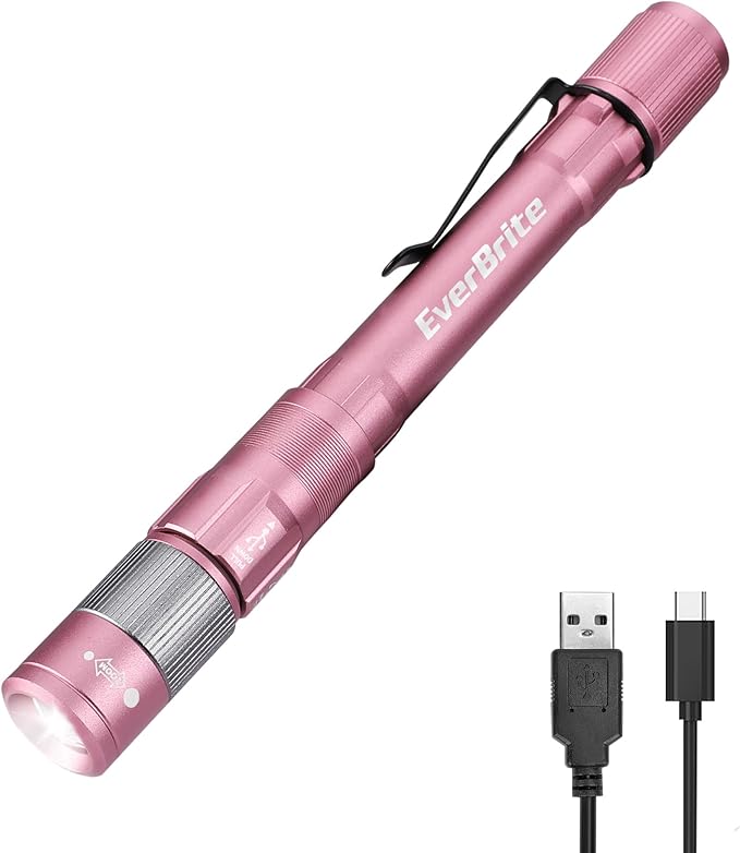 EverBrite Pen Light, Rechargeable Pen Flashlights, 300 Lumens Zoomable LED Small Flashlight with Clip, Memory Function, USB-C Cable Included, Pocket Size for Camping, Emergency, Mechanic, Pink