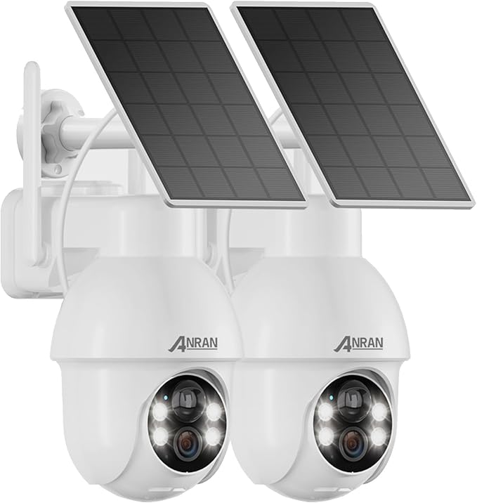 ANRAN 2K Solar Security Camera Wireless Outdoor, 2 Pack Battery-Powered WiFi Camera with 360° PTZ for Home Security, PIR Motion Detection, 3MP Color Night Vision, Two-Way Audio, Alexa Compatible
