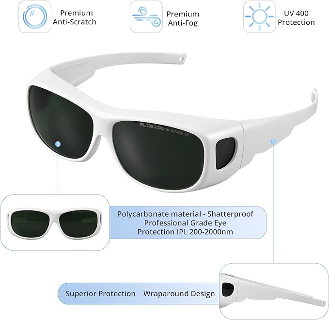 IPL Laser Safety Glasses ANSI Z87.1 Certified - 200-2000nm Protective Goggles for Laser Hair Removal, Cosmetology & Medical Aesthetics - UV400 Protection, Lightweight Frame (White)