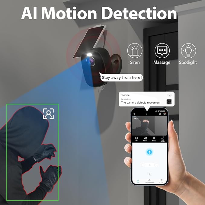 2K Security Cameras Wireless Outdoor,2Pc Solar Security Outdoor Cameras for Home Security with Spotlight & Siren Alarm, 2-Way Audio, Color Night Vision, AI Detection for Home Security, Works/Alexa