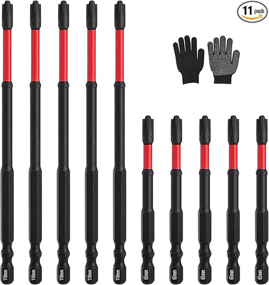 FPH2 Impact Screwdriver Bit Set for Electricians, FPH2 Bits with Magnetic for Electricians, S2 Steel 65mm & 110 mm Slotted Heads 1/4 Inch Hex Shank with a Pair of Glove, 11PCS