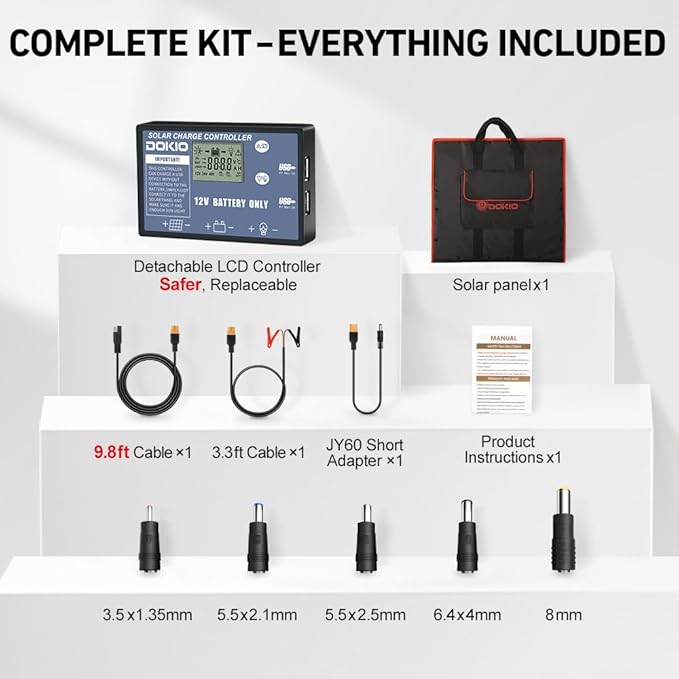 DOKIO 150W Portable Foldable Solar Panel Kit, Compact 21x20in Design 7.3lb with Standalone Controller and USB, Monocrystalline Charger for 12V Batteries, Power Stations, RV Camping Emergency Use