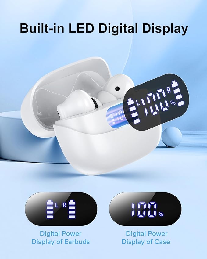 Wireless Earbuds, 42H Playtime Bluetooth 5.3 Headphones, HiFi Stereo Call Noise Cancelling Earbuds, IPX7 Waterproof Stereo in-Ear Earphones with LED Display for iOS Android (White)