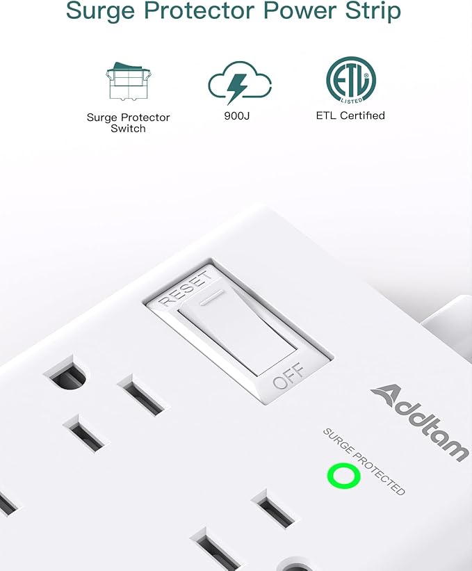 Surge Protector Power Strip 9.8FT, Addtam Flat Plug Extension Cord with 6 Outlet 4 USB Ports (2 USB C), Outlet Extender Strip for Home Office College Dorm Room Essentials