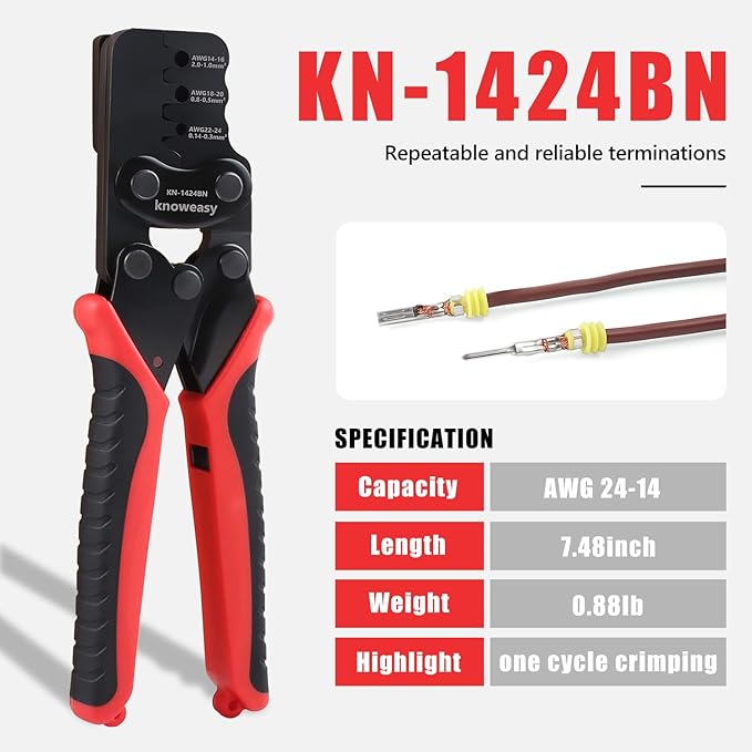 Knoweasy Weather Pack Crimp Tool and Molex Crimper Compatible with Deutsch DT Series Stamped or Formed Contact,Molex, Delphi, Amp, Tyco, Harley, PC, Automotive - AWG 24-14