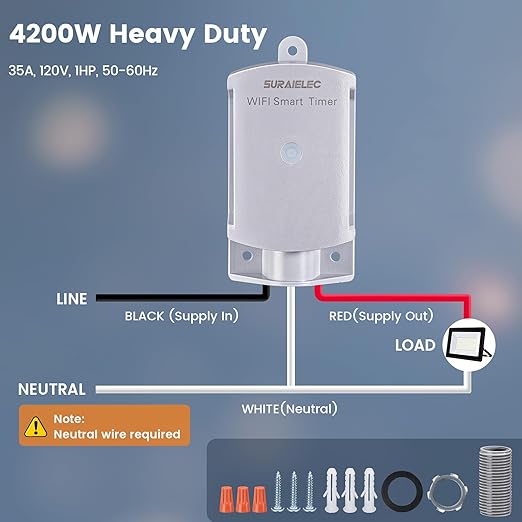 SURAIELEC 35 AMP Wi-Fi Smart Timer Switch for Outdoor Electrical Boxes, 120V WiFi Pool Timer, Power Distribution Waterproof Junction Box, RV Outlet, Pool Light, Security System, Holiday Decorations