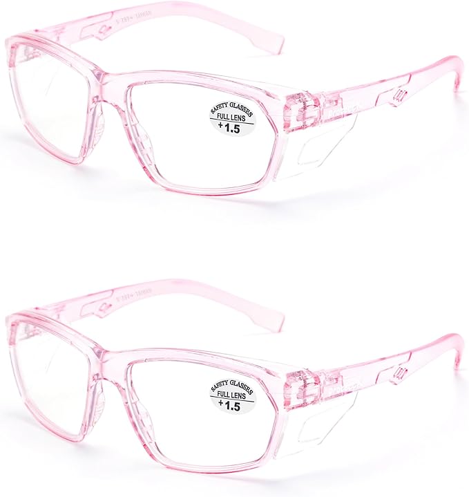 ProtectX Stylish Anti-Fog & Scratch-Resistant Safety Glasses With Readers, UV Protection Goggles, Anti-Impact Lightweight Glasses for Men＆Women Pink Reading 1.5-2 Pack