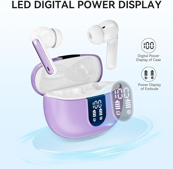 Wireless Earbuds, Bluetooth 5.3 Headphones 40Hrs Playtime Deep Bass Stereo, LED Power Display, Call Noise Canceling Headphones with Mic, IP7 Waterproof Earphones for iOS Android Purple