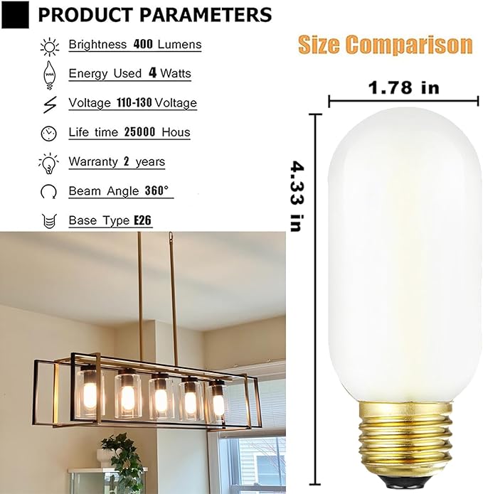 Leools E26 LED Bulb 4W Equivalent e26 led Bulb 40 Watt Dimmable Warm White 2700K E26 Frosted Edison Bulb AC120V 400lm Tubular T14 T45 LED Bulb for Pendant, Sputnik,Vanity,Chandeliers Pack of 6
