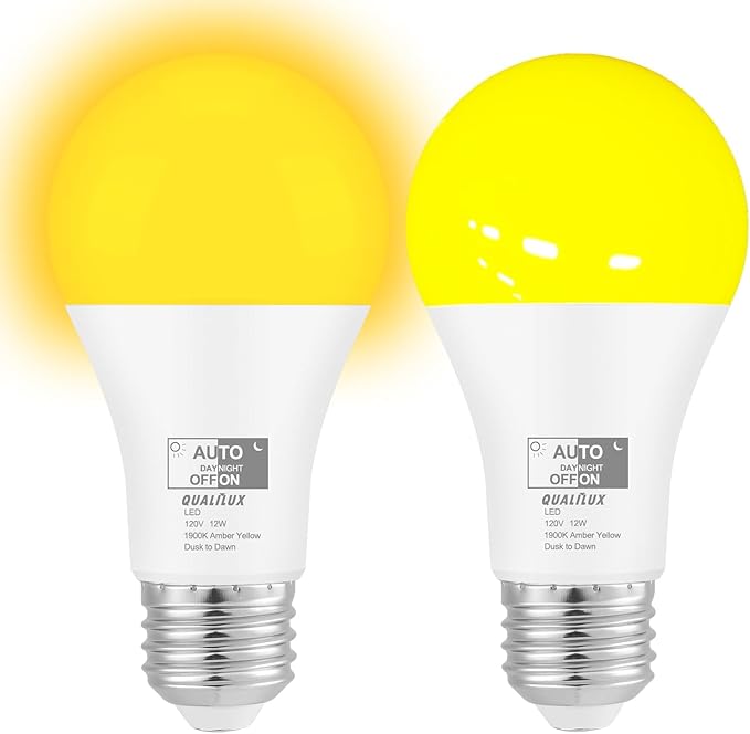 Dusk to Dawn Bug Light Bulbs Outdoor, 1900K Amber Yellow, 800 Lumen, LED 12W, A19 E26, 2-Pack, HQ-H019
